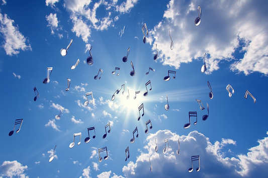 Floating music notes in a bright blue sky with sunlight streaming through the clouds — symbolizing inspiration, creativity, and the uplifting power of music