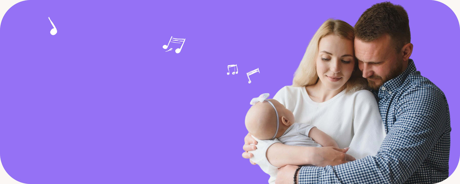 A man and a woman holding a baby against a solid purple background, with white musical notes floating around them.