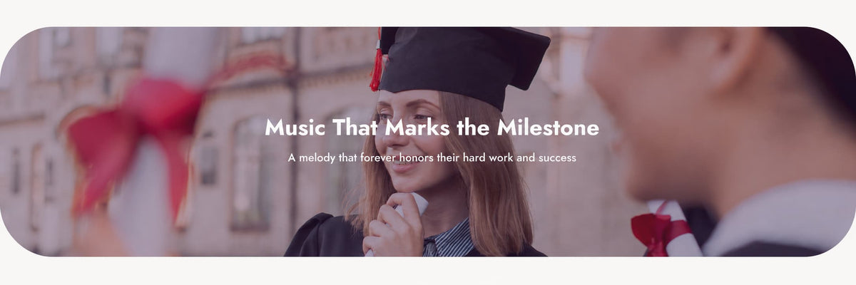 A banner-style promotional graphic with a blurred graduation scene showing a woman in a black cap and gown smiling, part of another person in the foreground, and the text 'Music That Marks the Milestone' with smaller descriptive text over the center.