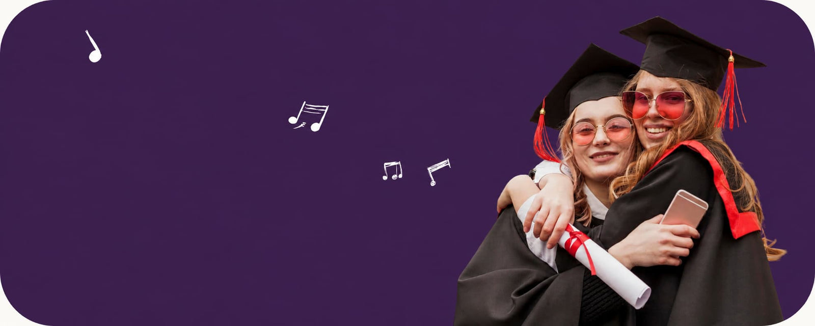 Two women in graduation caps and gowns hugging while holding a rolled diploma, set against a solid purple background with floating music note icons.