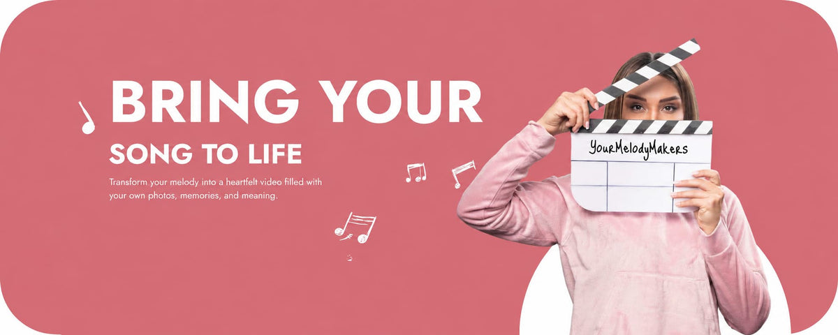 A promotional banner with a pink background and the text 'BRING YOUR SONG TO LIFE' alongside music note icons. On the right, a woman in a pink top holds a clapperboard with the handwritten text 'YourMelodyMaker'.