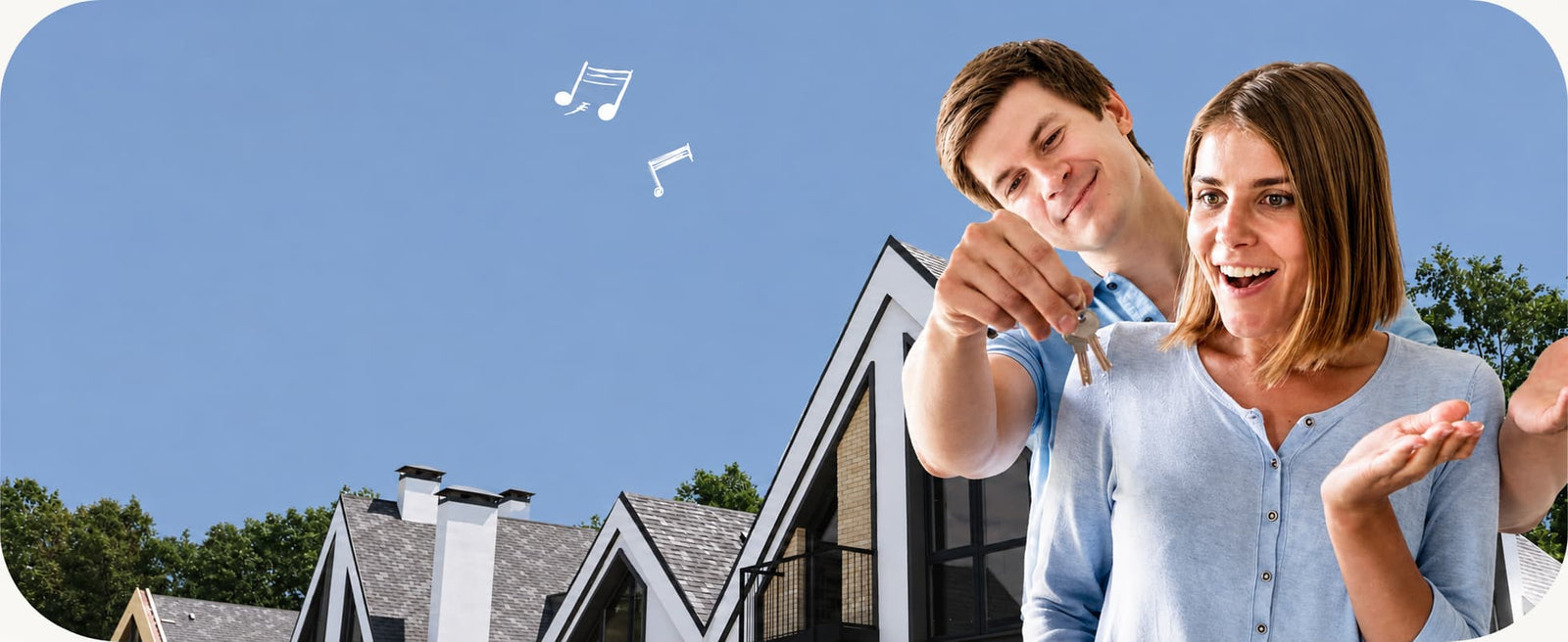Excited couple holding new house keys in front of a modern home, set against a blue rounded background with white music notes, symbolizing a personalized housewarming song gift.
