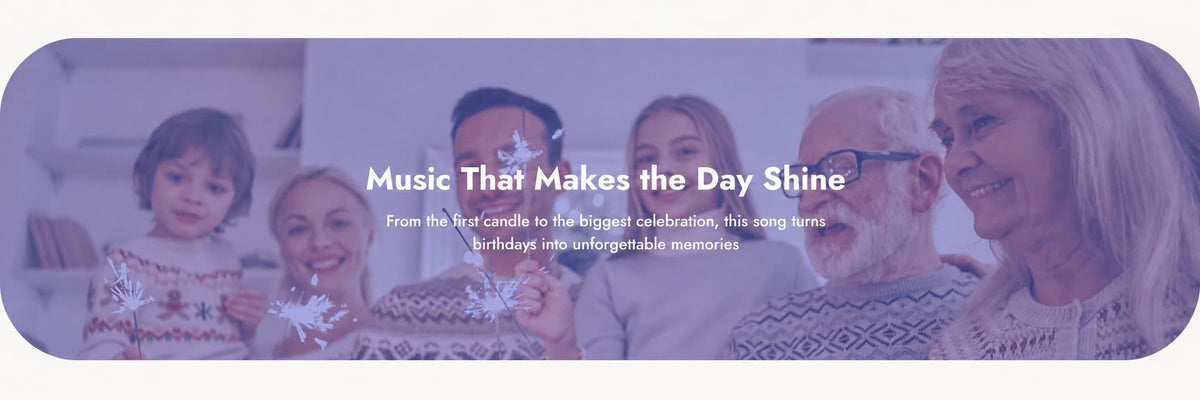 A banner-style promotional graphic with a group of smiling people holding candles in a softly lit indoor setting. White text across the center reads, 'Music That Makes the Day Shine' with smaller descriptive copy below.