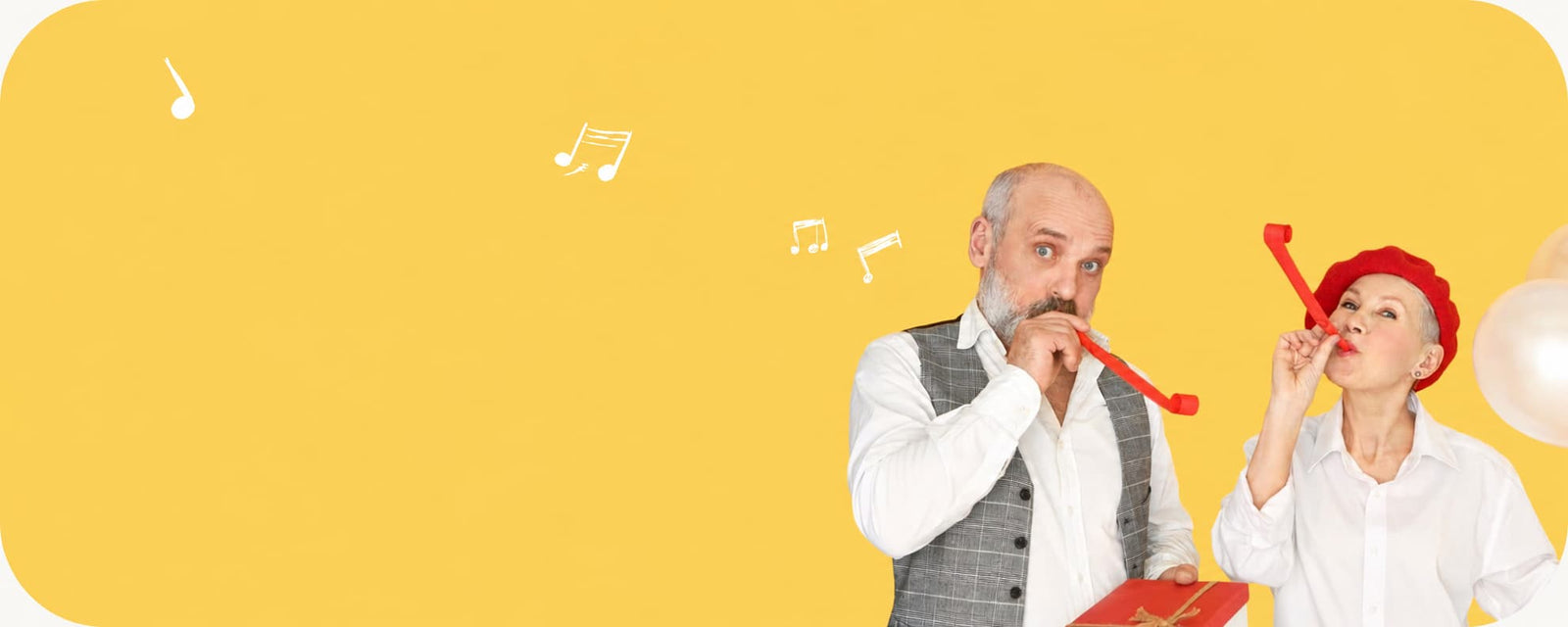 A man and a woman blowing red party noisemakers against a bright yellow background, with white musical note graphics floating around them.