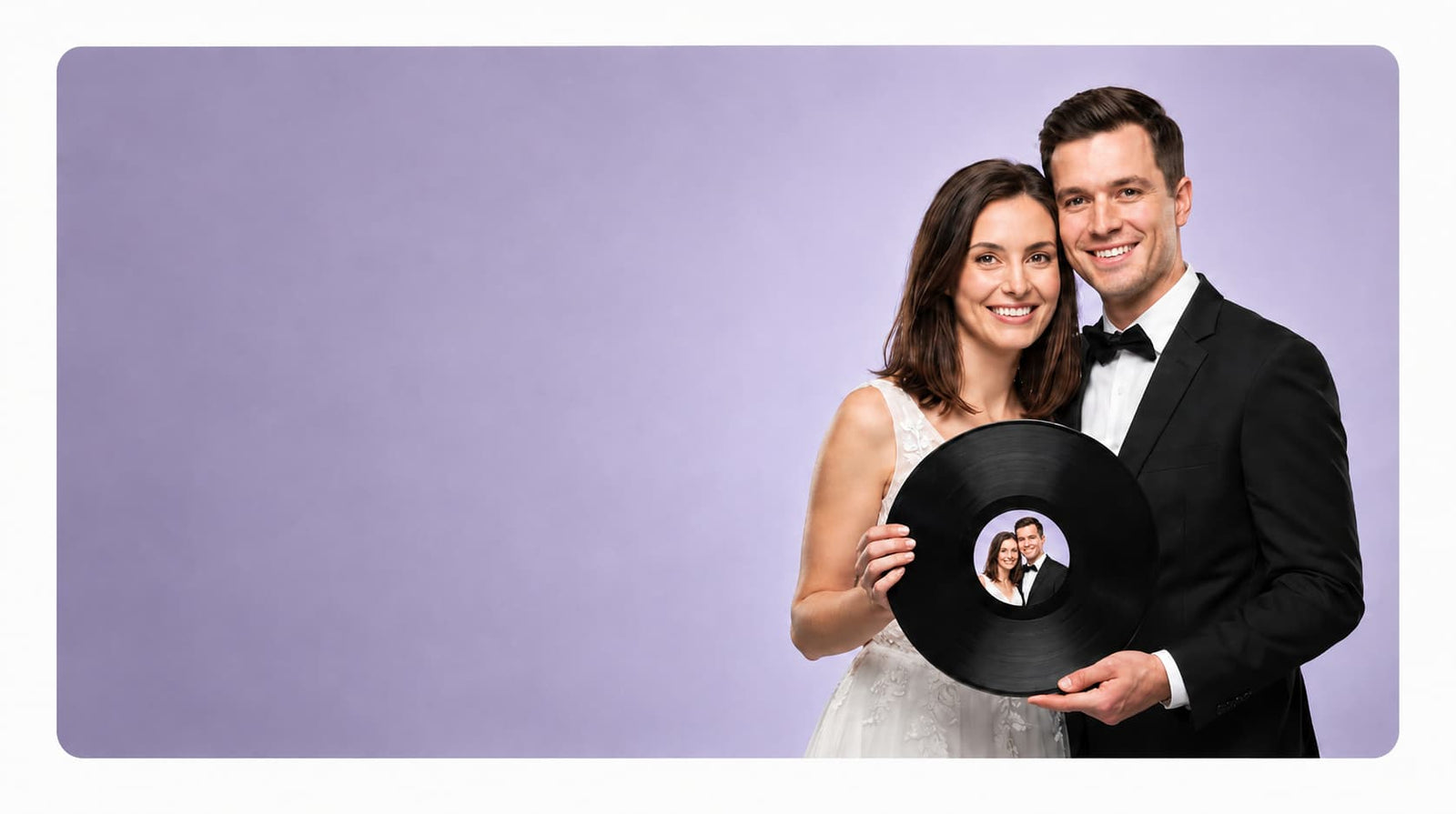 A man and woman in formal wedding attire holding a custom black vinyl record with a printed photo of the couple, set against a solid lavender studio background.