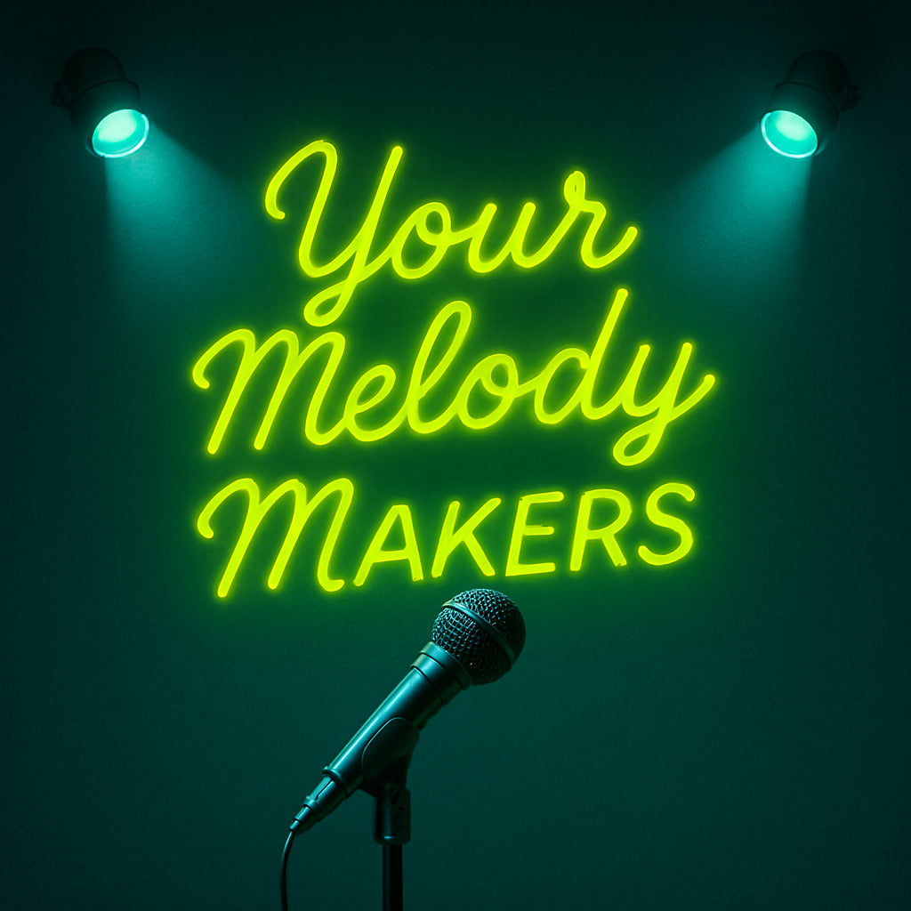 Your Melody Makers neon sign glowing in green with spotlight illumination and a microphone in front, representing custom song creation and personalized music services