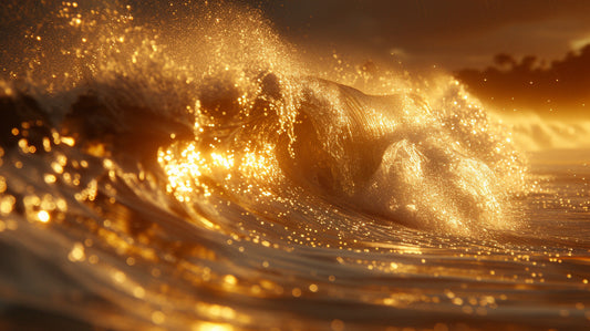 Golden sunset ocean wave sparkling with glowing light, symbolizing emotional flow, personal music inspiration, and the power of custom song creation