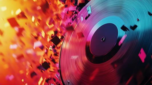 Abstract image of a spinning vinyl record surrounded by flying colorful fragments in vibrant red, orange, and teal tones — evoking energy, creativity, and a love for music