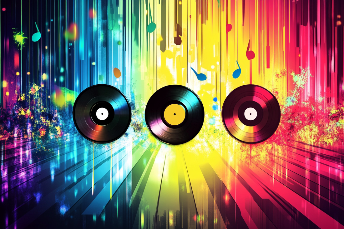 “Vibrant abstract image featuring three colorful vinyl records against a rainbow gradient background with musical notes and glowing light effects — symbolizing creativity, music, and personalized soundtracks