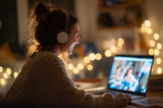 Person watching a custom video on a laptop with headphones, emotional and smiling, with animated visuals and personal text on screen — representing the joy of personalized video storytelling