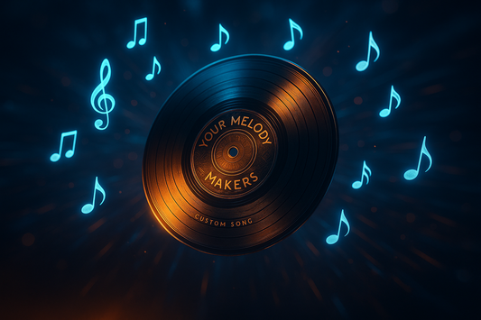 Digital illustration of a glowing vinyl record labeled Your Melody Makers – Custom Song, surrounded by blue musical notes on a dark, cosmic background with streaks of light, symbolizing personalized music gifts and emotional storytelling through song
