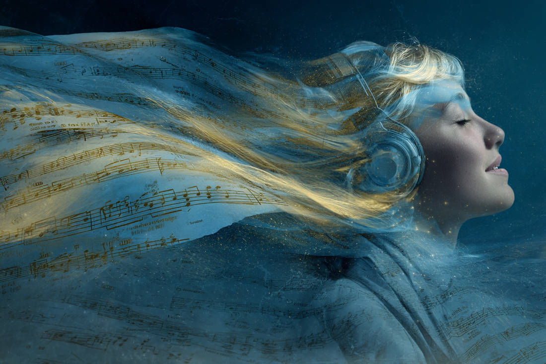 Person listening to music with eyes closed, surrounded by glowing, emotional memories and soft musical light — representing music’s deep emotional connection