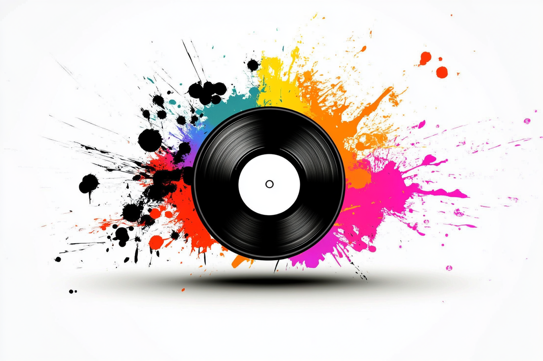 Abstract illustration of a black vinyl record with colorful paint splashes in the background, symbolizing music creativity and artistic expression — perfect for promoting custom vinyl gifts
