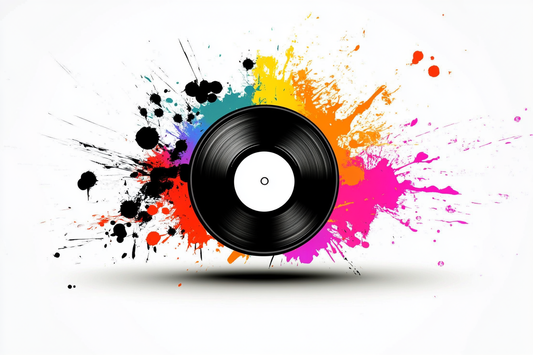 Abstract illustration of a black vinyl record with colorful paint splashes in the background, symbolizing music creativity and artistic expression — perfect for promoting custom vinyl gifts