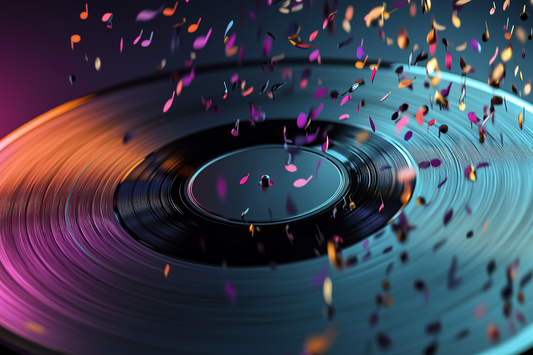 Close-up of a spinning vinyl record with colorful music notes and confetti floating above it, set against a moody background — representing celebration, sound, and personalized musical experiences