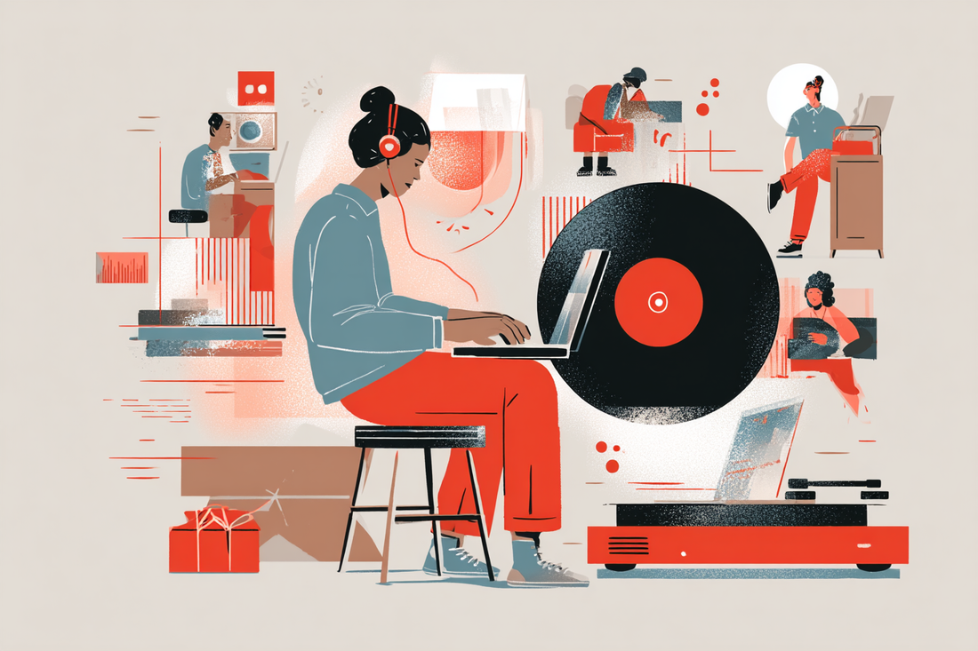 Collage-style illustration of a person creating a custom song on a laptop, surrounded by scenes of music composition, vinyl production, and gift giving — symbolizing the step-by-step process of personalized music creation