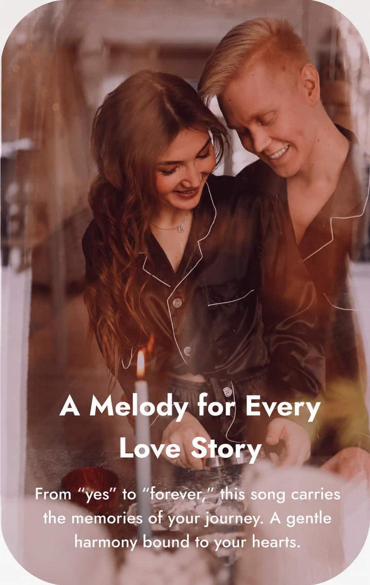 A romantic lifestyle photo of a young couple in matching dark pajamas, with overlaid text reading 'A Melody for Every Love Story' and a descriptive quote below.