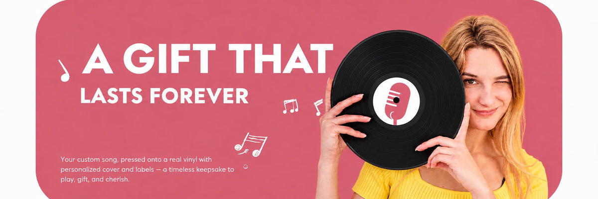 A promotional banner with a pink background featuring the text 'A GIFT THAT LASTS FOREVER' and a woman holding a vinyl record with a custom microphone graphic in the center.