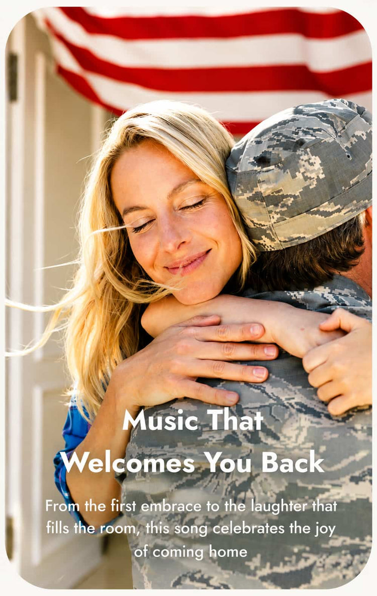 Military homecoming reunion with a smiling woman embracing a service member in uniform beneath an American flag, featured in a personalized custom song design.