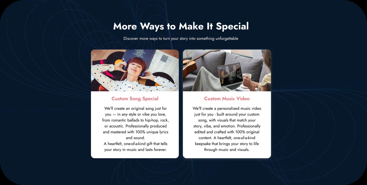 A promotional graphic with the headline 'More Ways to Make It Special' on a dark navy background. Below, two white text boxes with rounded corners show sample service images: a custom song special and a custom music video.