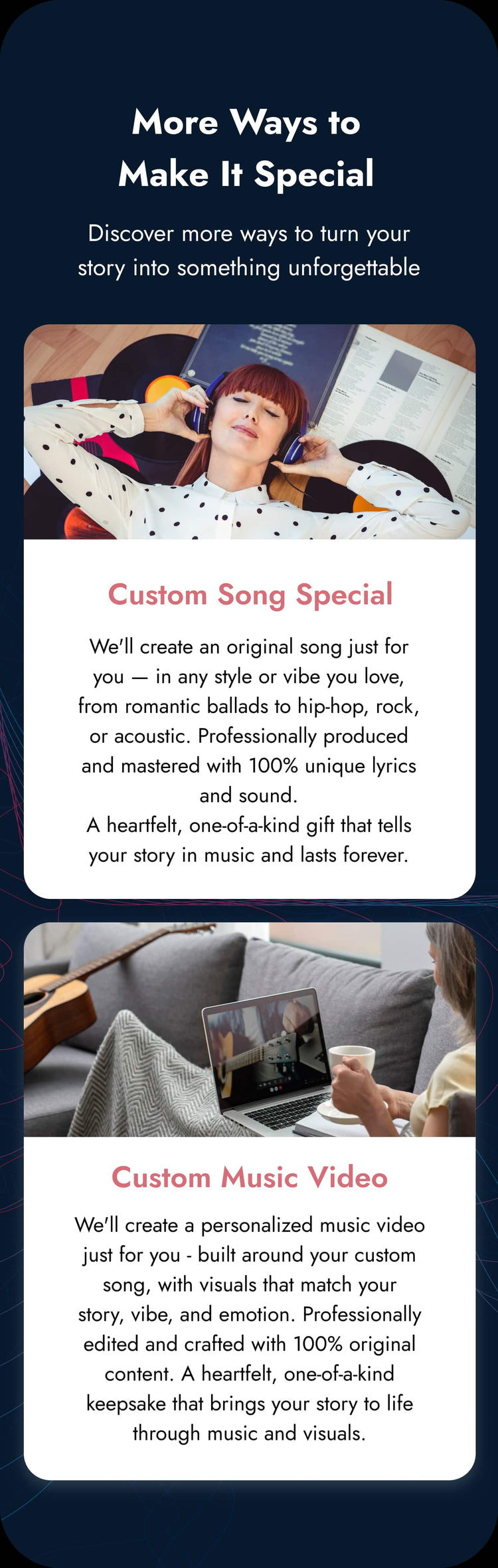 Custom song and personalized music video gift options, featuring original music creation and custom video keepsakes for special occasions.