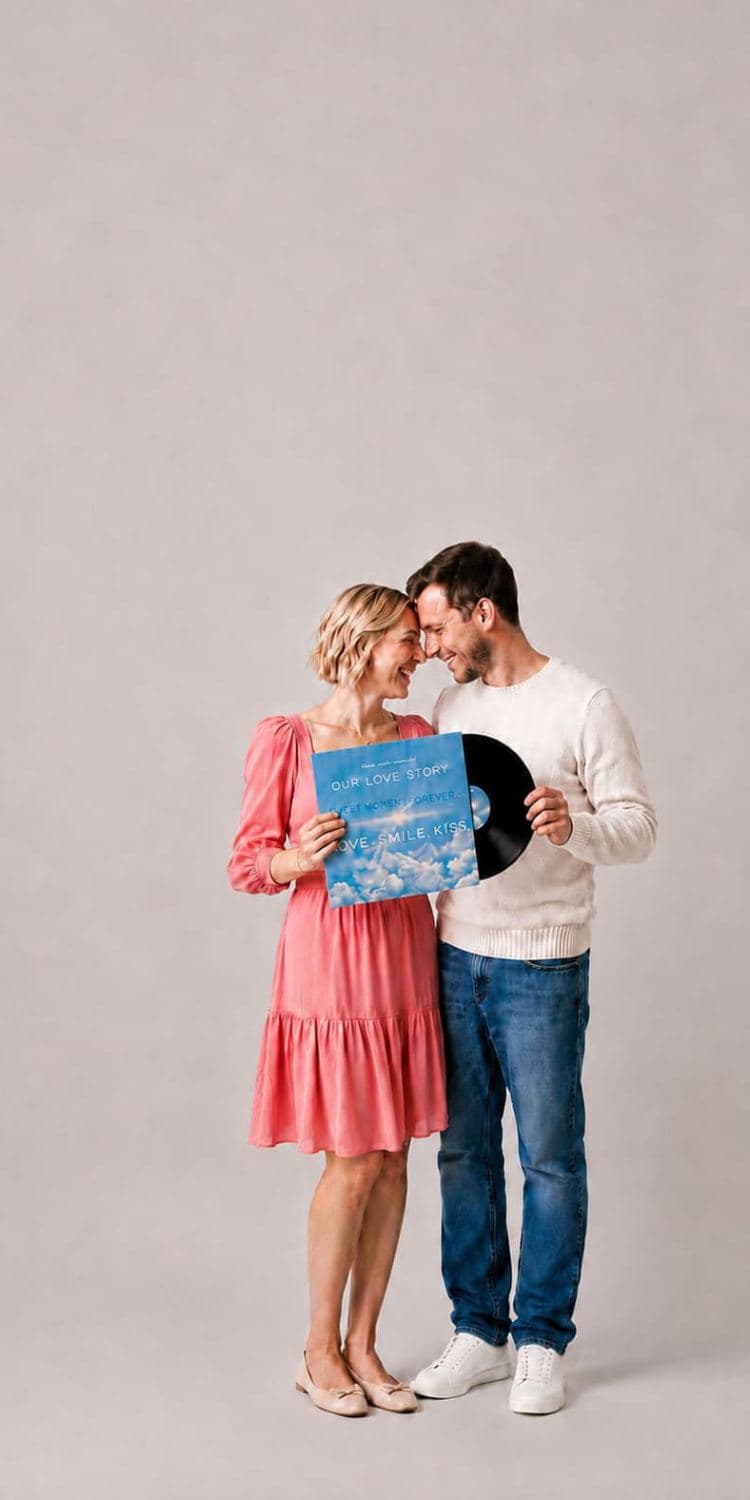 A couple standing together against a light gray studio background, holding a blue vinyl record and its sleeve. The woman wears a pink dress, and the man wears a white long-sleeve shirt and blue jeans.