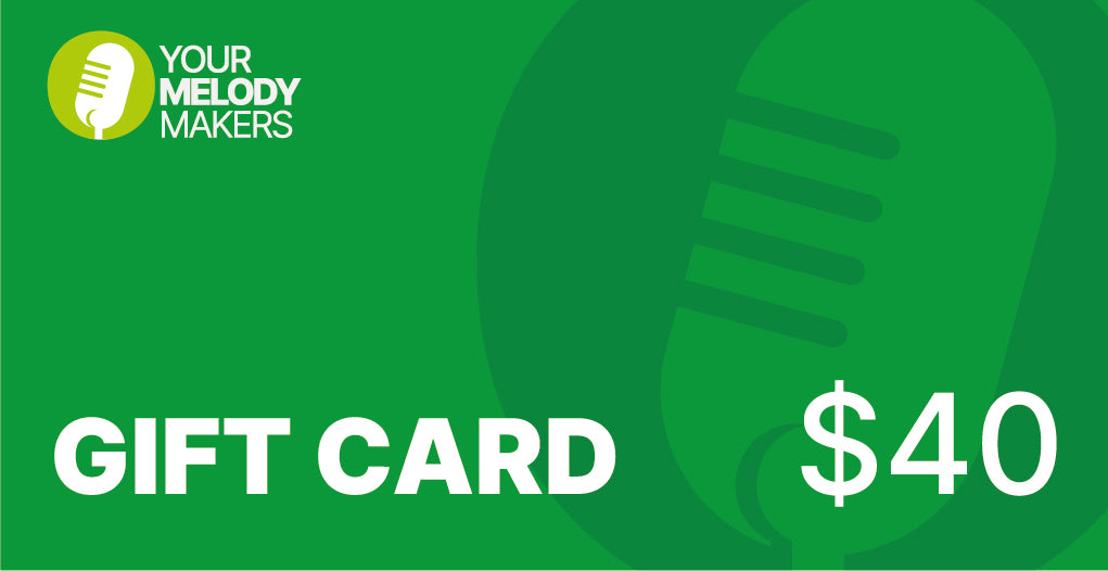 Your Melody Makers $40 gift card in bright green design with microphone icon, perfect for purchasing custom songs or personalized music gifts