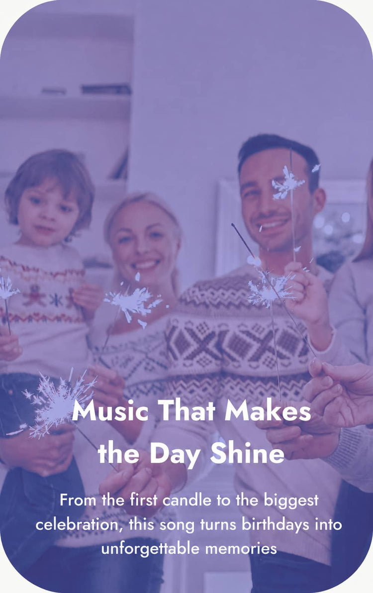 A family holding sparklers in a warmly lit indoor setting, overlaid with the text 'Music That Makes the Day Shine' and additional celebratory copy.