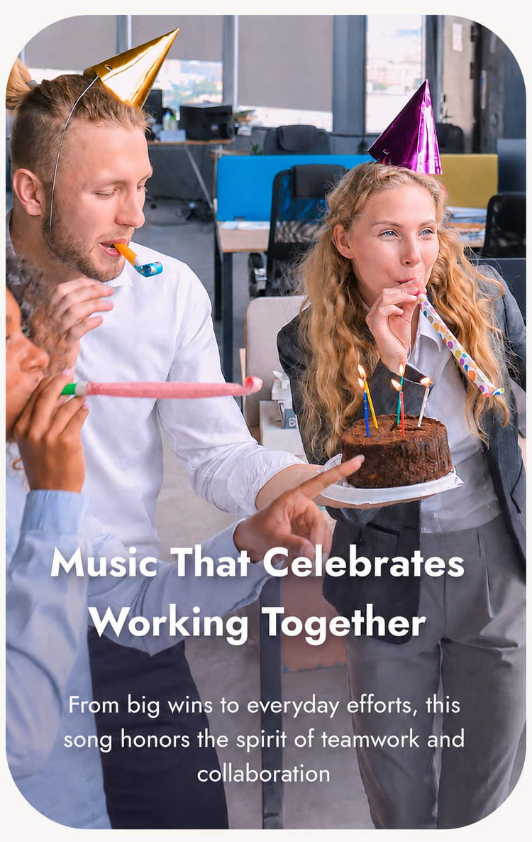 A group of office workers wearing party hats and blowing party blowers while celebrating with a chocolate cake. Large overlaid text reads 'Music That Celebrates Working Together' with smaller descriptive text below.