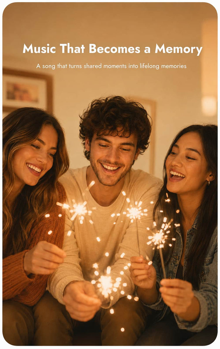 A warm-toned promotional graphic with the text 'Music That Becomes a Memory' at the top and three smiling young adults holding sparklers together in a cozy indoor setting.