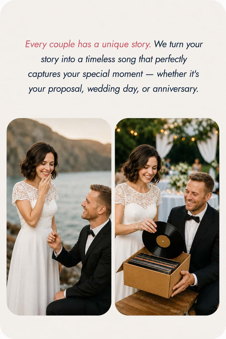 Promotional wedding graphic with rounded corners, headline text about turning a couple’s story into a timeless song, and two matching photos of the same bride and groom—one during a seaside proposal and one smiling with a box of vinyl records at a reception.