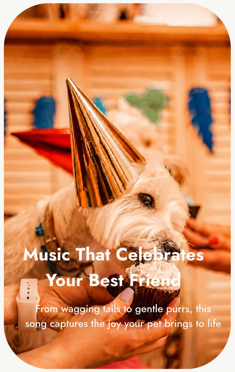 Rounded vertical pet-themed graphic showing a small white dog in a shiny rose-gold party hat licking frosting from a cupcake, with warm peach tones and white text promoting a personalized song for your best friend pet.