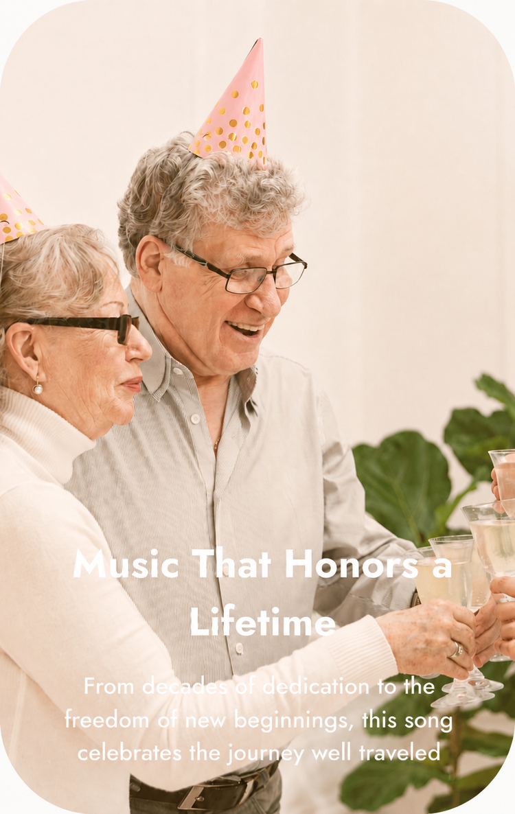 An elderly couple wearing pink party hats clinking champagne glasses, with overlaid text reading 'Music That Honors a Lifetime' and additional celebratory copy on a warm beige background.
