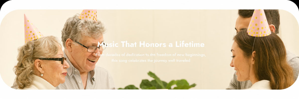 A banner-style promotional image showing several people wearing party hats in a softly lit indoor setting, with centered text reading 'Music That Honors a Lifetime' and smaller descriptive copy below.