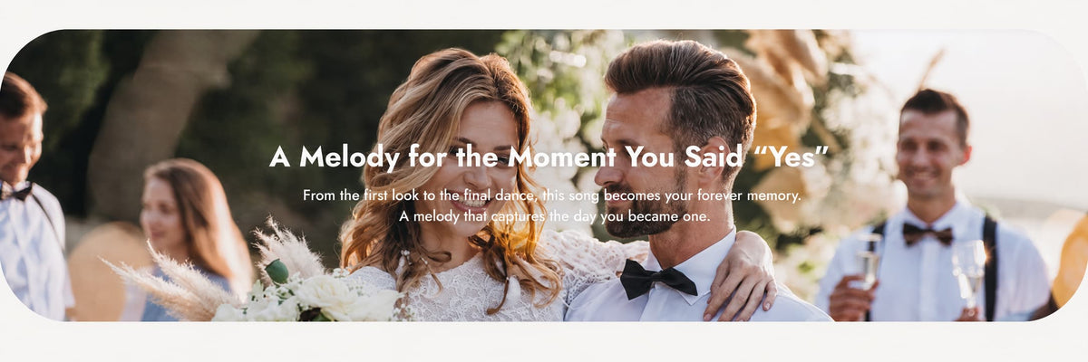 Rounded wedding banner showing a smiling bride with flowers and her groom embracing outdoors, with guests blurred in the background and white text about a personalized song for the moment they said yes.