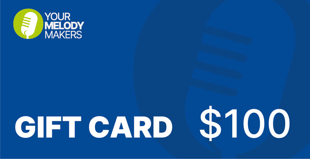 Your Melody Makers $100 gift card in bright green design with microphone icon, perfect for purchasing custom songs or personalized music gifts