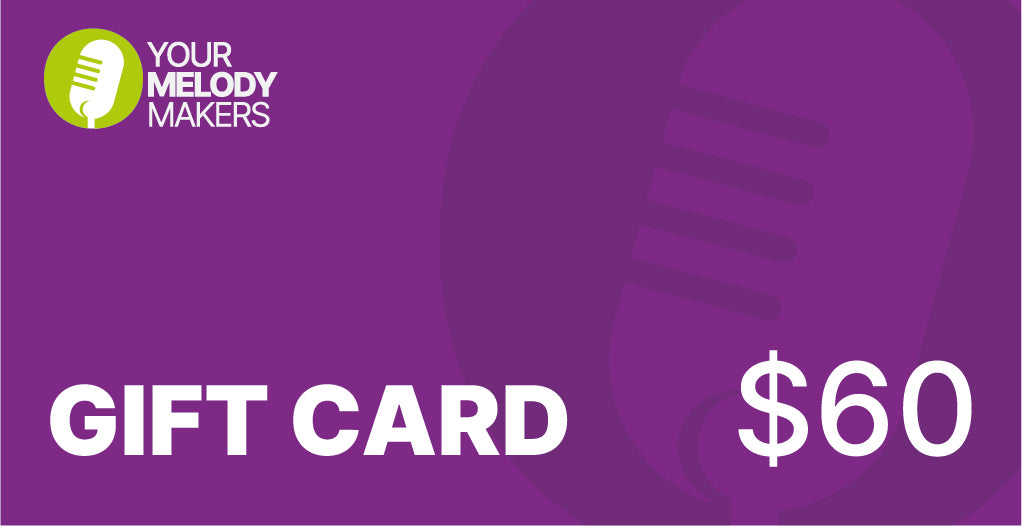 Your Melody Makers $60 gift card in bright green design with microphone icon, perfect for purchasing custom songs or personalized music gifts