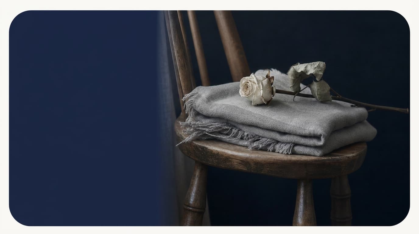 A folded light gray fringed throw blanket sits on a rustic wooden chair against a dark navy background, with two dried white roses placed on top.