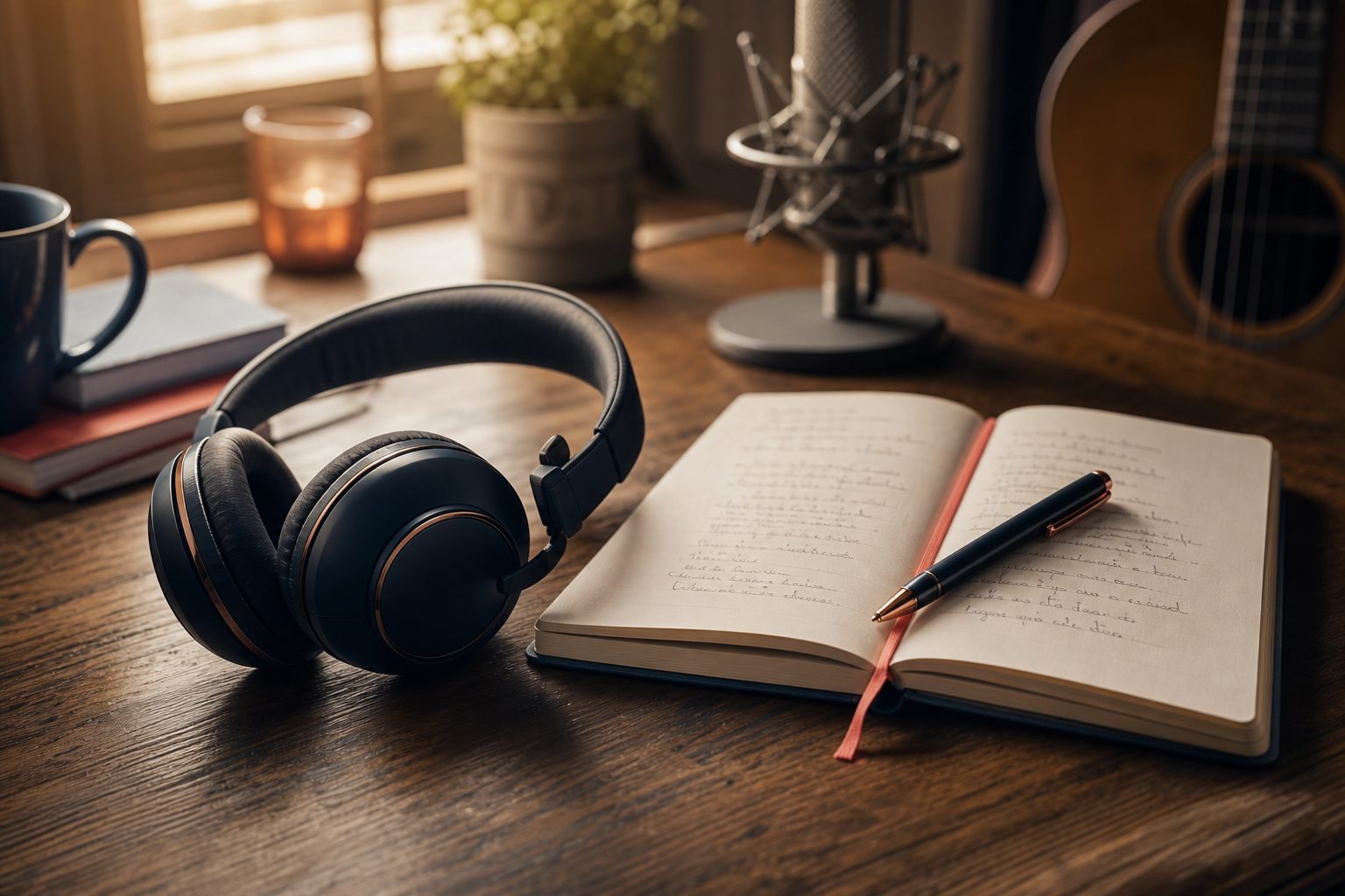 YourMelodyMakers studio — headphones and lyric sheet on a warm desk